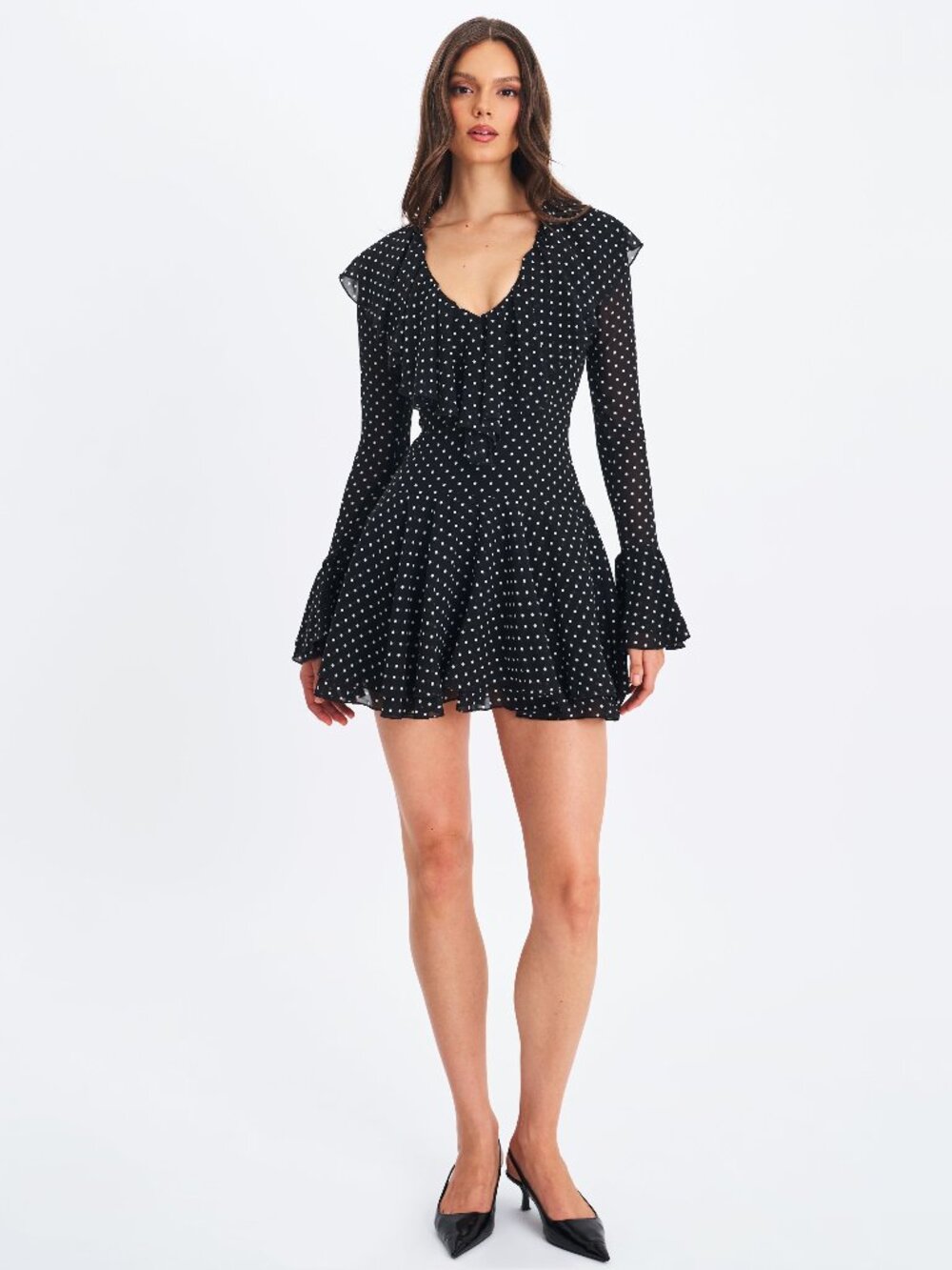Omari Black Chiffon Polka Dot Ruffled Neckline Mini Dress